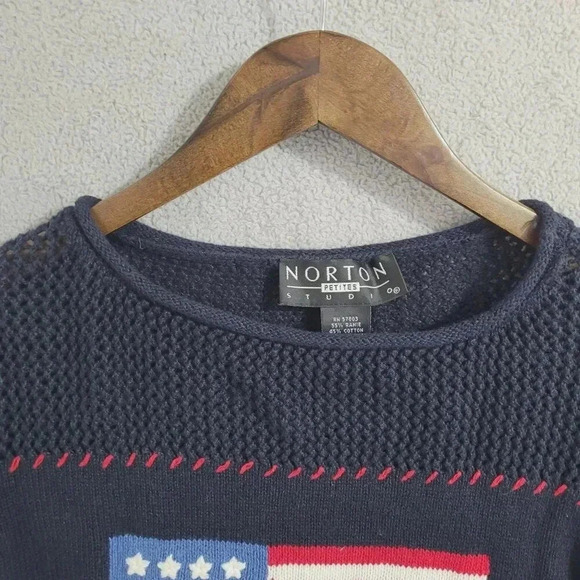 Norton Studio PM American Flag Sweater Navy Ramie Cotton Womens PM 9PT - Picture 5 of 9